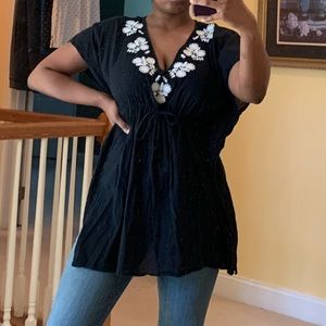 Black Swim Cover up with White embroidered Flowers